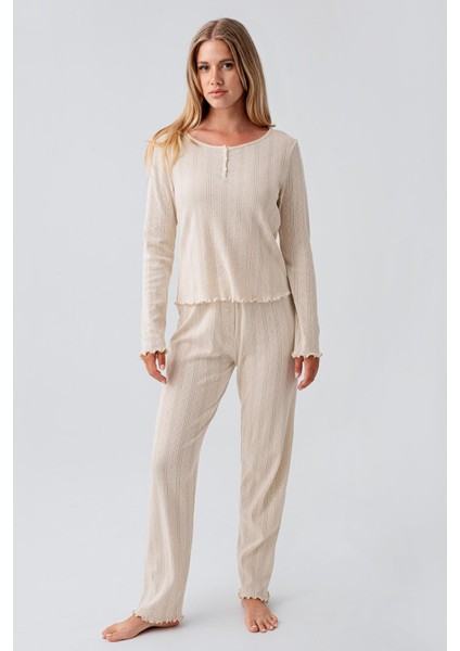Uzun Kollu Ajurlu Düğmeli Esnek Pamuklu Pijama Takım 18213