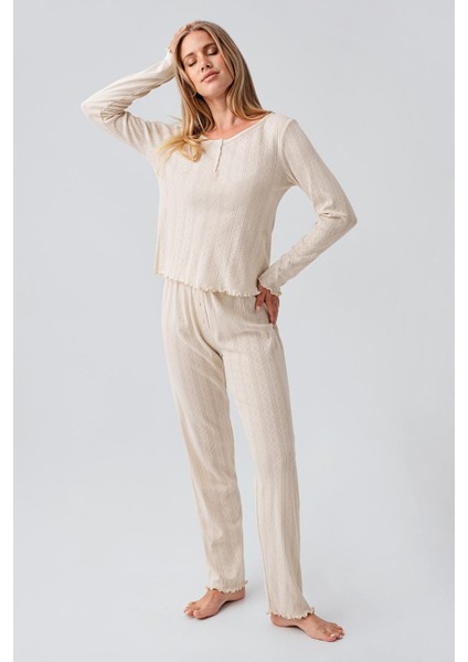 Uzun Kollu Ajurlu Düğmeli Esnek Pamuklu Pijama Takım 18213 fiyatları