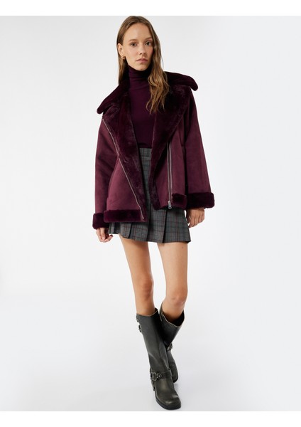 Suni Kürklü Yaka Fermuarlı Cepli Süet Görünümlü Biker Ceket