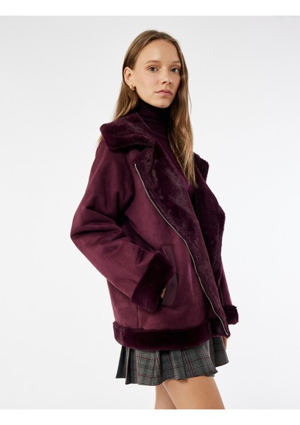 Suni Kürklü Yaka Fermuarlı Cepli Süet Görünümlü Biker Ceket fiyatları