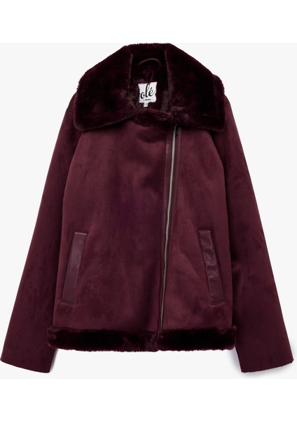 Suni Kürklü Yaka Fermuarlı Cepli Süet Görünümlü Biker Ceket modelleri