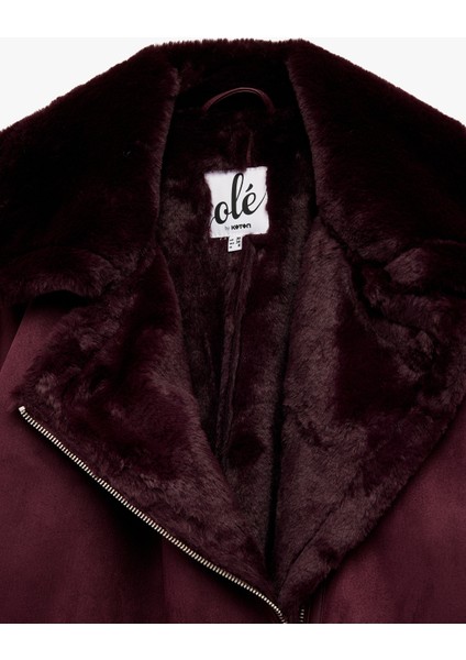 Suni Kürklü Yaka Fermuarlı Cepli Süet Görünümlü Biker Ceket