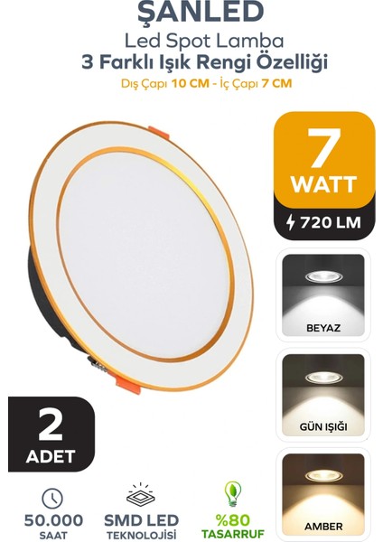 7W 3 Renkli (Beyaz,gün Işığı,ikisi Bir Arada) Beyaz Gold LED Spot Lamba - 2 Adettir