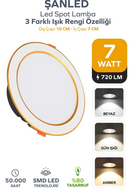 7W 3 Renkli (Beyaz,gün Işığı,ikisi Bir Arada) Beyaz Gold LED Spot Lamba -1 Adettir
