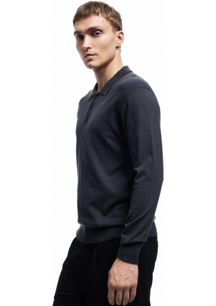 Uzun Kollu Düğmeli Polo Yaka Triko Kazak