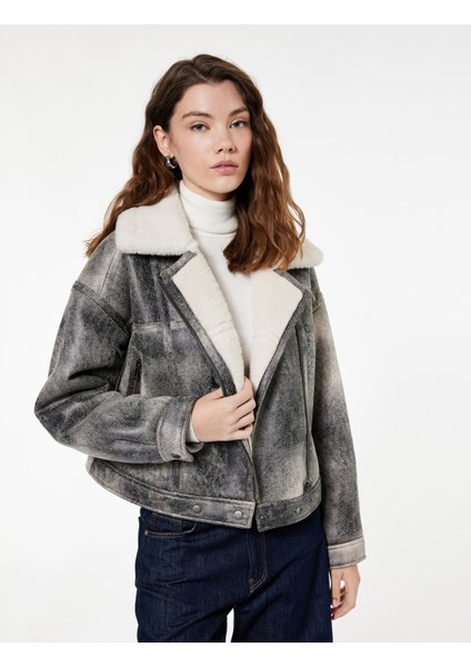 Cepli Fermuarlı Eskitilmiş Süet Görünümlü Içi Suni Kürklü Crop Biker Mont