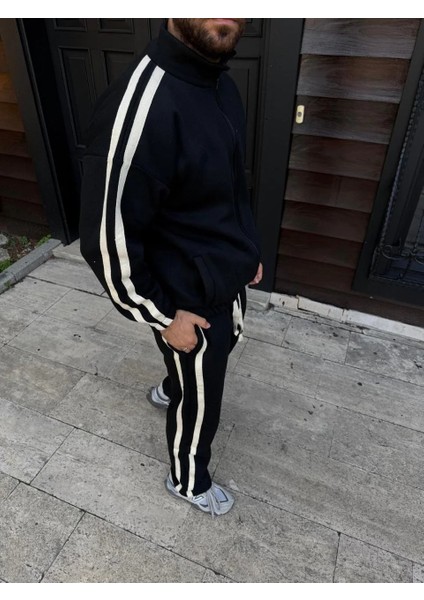 Erkek Çift Şeritli Eşofman Takım Dik Yaka Fermuarlı Sweatshirt Boru Paça Alt, Oversize 3 Iplik Pamuklu - Siyah modelleri