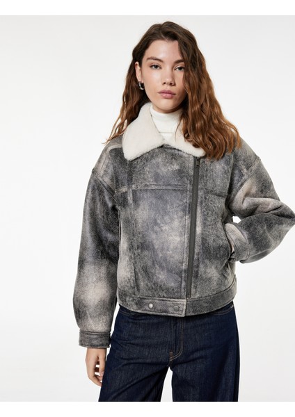 Cepli Fermuarlı Eskitilmiş Süet Görünümlü Içi Suni Kürklü Crop Biker Mont modelleri