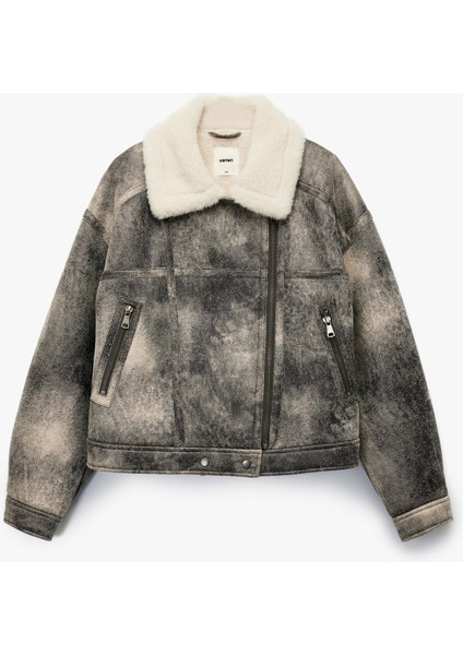 Cepli Fermuarlı Eskitilmiş Süet Görünümlü Içi Suni Kürklü Crop Biker Mont fırsatları