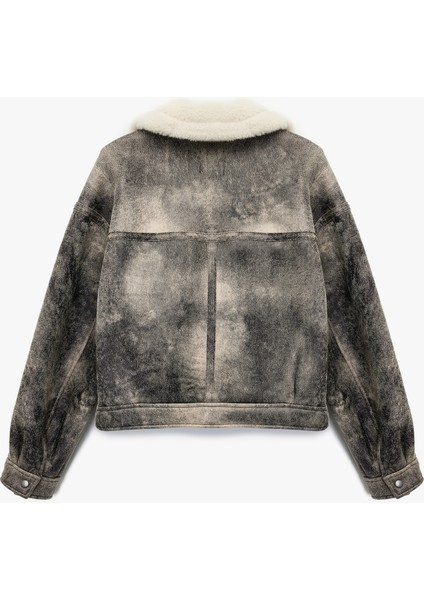 Cepli Fermuarlı Eskitilmiş Süet Görünümlü Içi Suni Kürklü Crop Biker Mont indirimleri