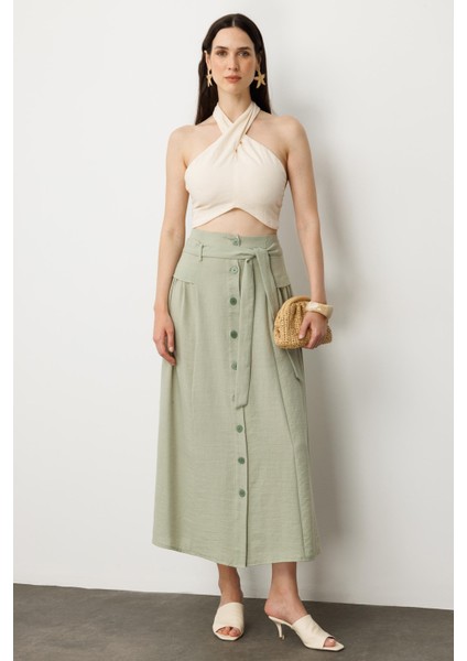 Önden Düğmeli Kemer Detay Etek-Su Yeşili