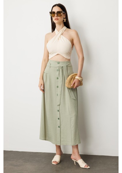 Önden Düğmeli Kemer Detay Etek-Su Yeşili modelleri