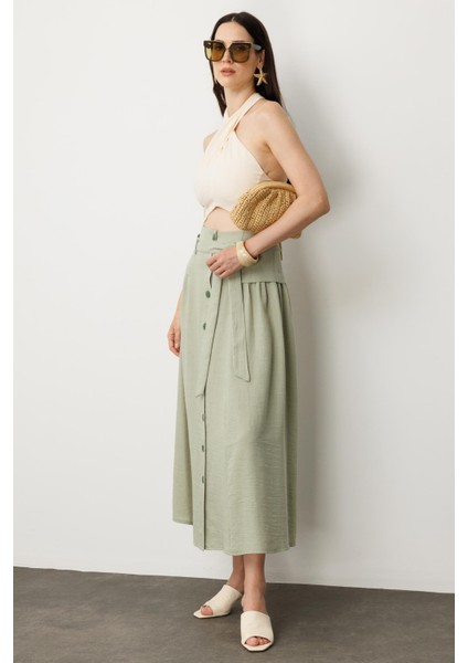 Önden Düğmeli Kemer Detay Etek-Su Yeşili fırsatları