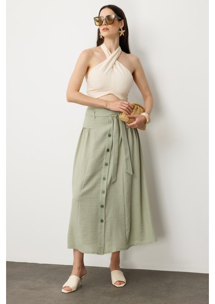 Önden Düğmeli Kemer Detay Etek-Su Yeşili indirimleri
