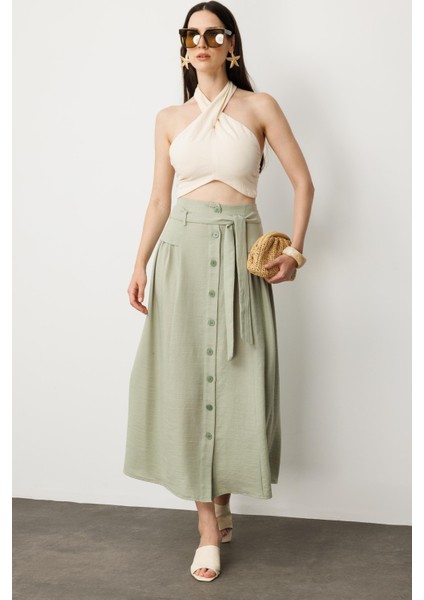 Önden Düğmeli Kemer Detay Etek-Su Yeşili