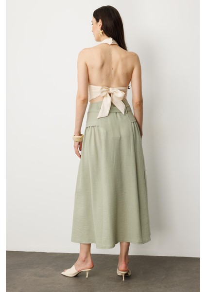 Önden Düğmeli Kemer Detay Etek-Su Yeşili