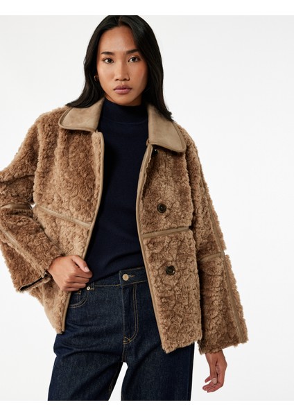 Suni Deri Yaka Detaylı Uzun Kollu Düğmeli Süet Astarlı Peluş Kaban