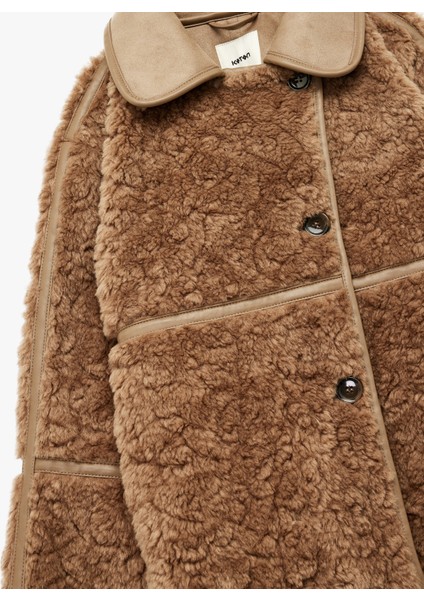 Suni Deri Yaka Detaylı Uzun Kollu Düğmeli Süet Astarlı Peluş Kaban