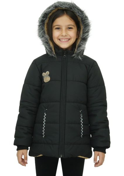 Kız Çocuk Peluş Astarlı - Fermuar Kapatmalı-Kürklü Kapüşonlu Mont 12357