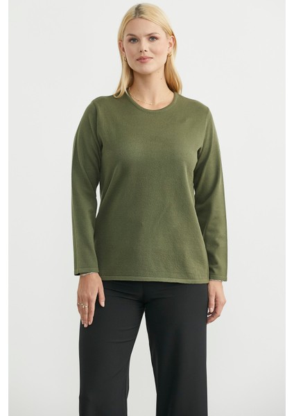 Yuvarlak Yaka Uzun Basic Triko Kazak - Yeşil