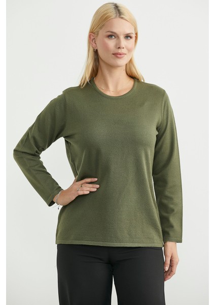 Yuvarlak Yaka Uzun Basic Triko Kazak - Yeşil fiyatları