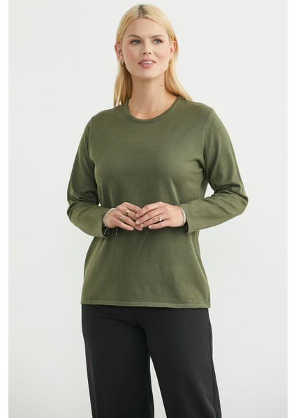 Yuvarlak Yaka Uzun Basic Triko Kazak - Yeşil modelleri