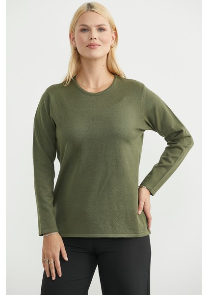 Yuvarlak Yaka Uzun Basic Triko Kazak - Yeşil fırsatları