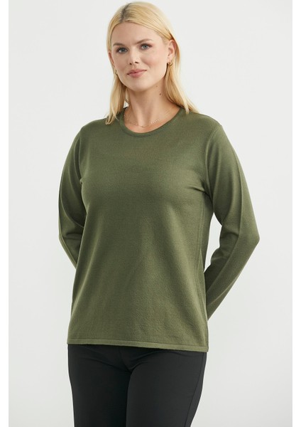 Yuvarlak Yaka Uzun Basic Triko Kazak - Yeşil indirimleri