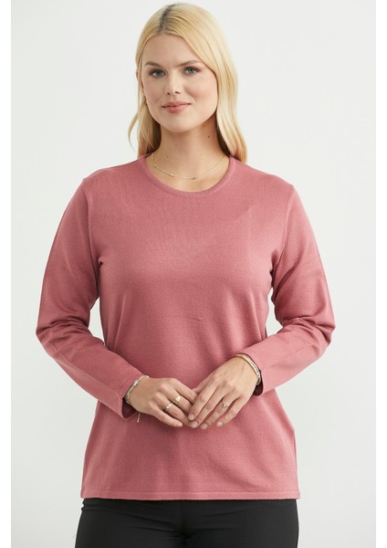 Yuvarlak Yaka Uzun Basic Triko Kazak - Mercan