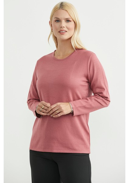 Yuvarlak Yaka Uzun Basic Triko Kazak - Mercan fiyatları