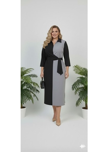 Kadın Büyük Beden Gömlek Yaka Bağlamalı Elbise 5399-26