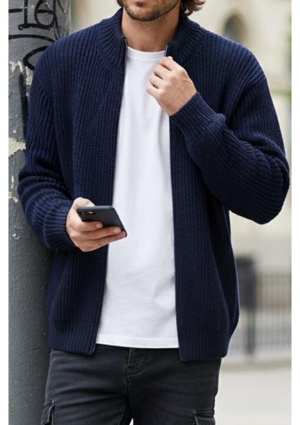 Loken Tam Fermuarlı Dik Yaka Kalın Erkek Hırka