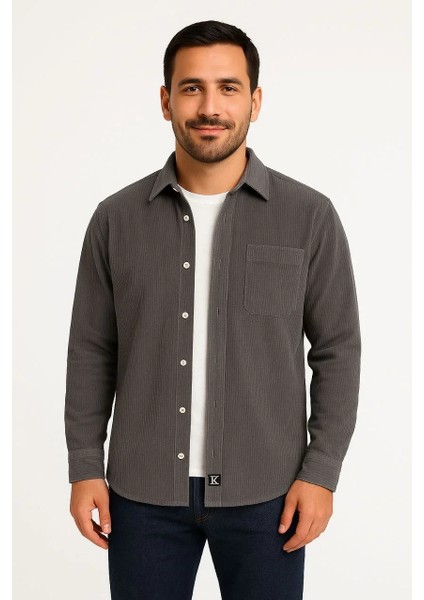 Erkek Fitilli Kadife Cepli Gömlek Oversize Rahat Kalıp - Füme fiyatları