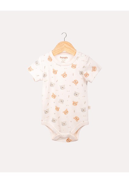 %100 Organik Pamuk Gots Sertifikalı Kısa Kollu Teddy Desenli Bebek & Yenidoğan Body - Ekru