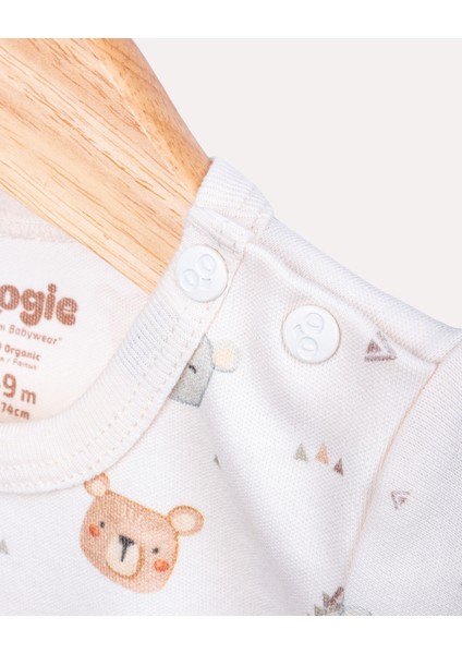 %100 Organik Pamuk Gots Sertifikalı Kısa Kollu Teddy Desenli Bebek & Yenidoğan Body - Ekru