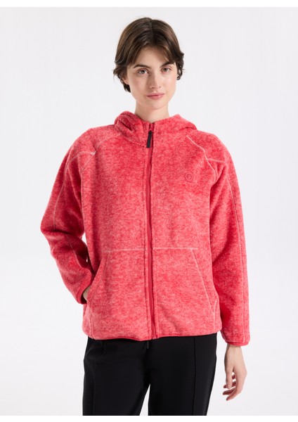 D5WL-SWT3583 Kırmızı Kapüşon Yaka Basic Düz Kadın Polar Sweatshırt