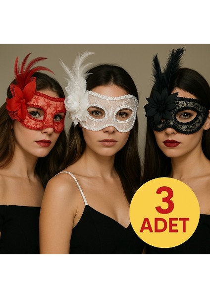 3 Lü Dantel Desenli Çiçek ve Tüylü Parti Maske Seti - 3 Adet