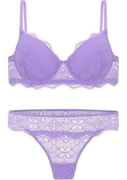 Anna 2736 Dantelli Dekolte Sütyen ve Külot Takımı- Dolgusuz Lila