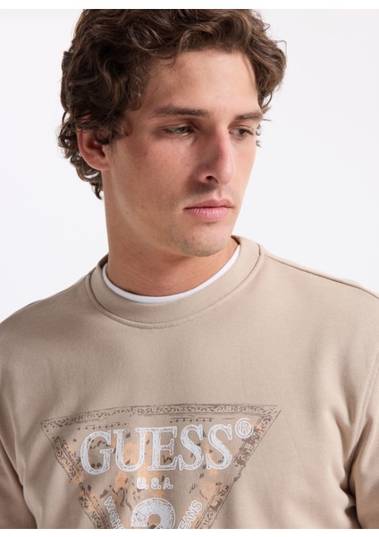 Bisiklet Yaka Bej Erkek Sweatshırt M5YQ05K68I4-G1CA Triangle Erkek Sw