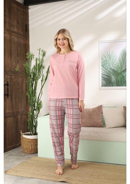 3 Düğmeli Uzun Kollu Kadın Pamuklu Pijama Takımı