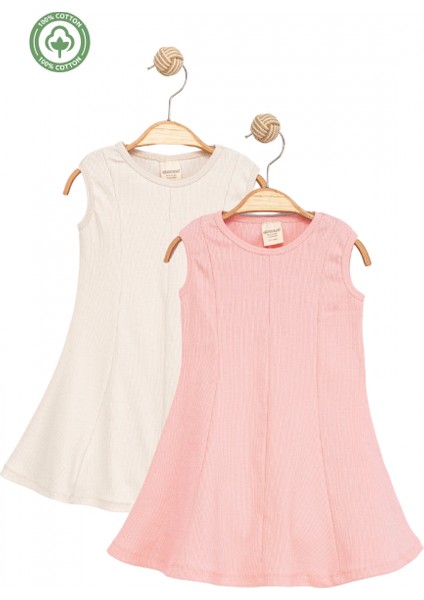 Kız Çocuk %100 Pamuk 2’li Set Kolsuz Kaşkorse Açık Pembe ve Ekru Elbise