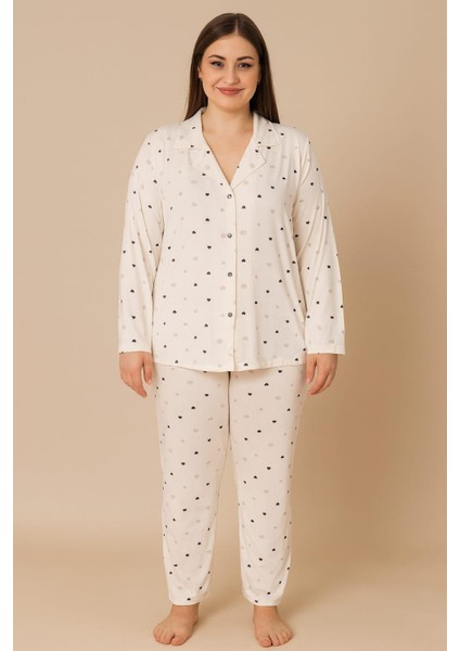 Kadın 20702 Büyük Beden Düğmeli Pijama Takımı Ekru
