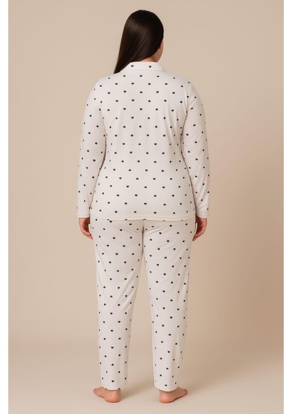 Kadın 20702 Büyük Beden Düğmeli Pijama Takımı Ekru fiyatları