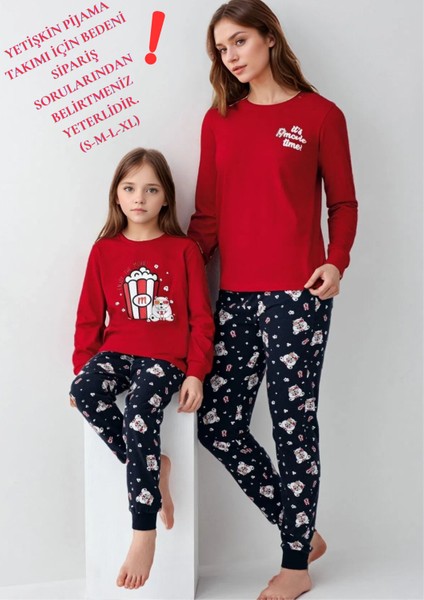 %100 Pamuklu Anne & Kız Çocuk Baskılı Kırmızı Ikili Pijama Takımı L1.RP.367.8.002