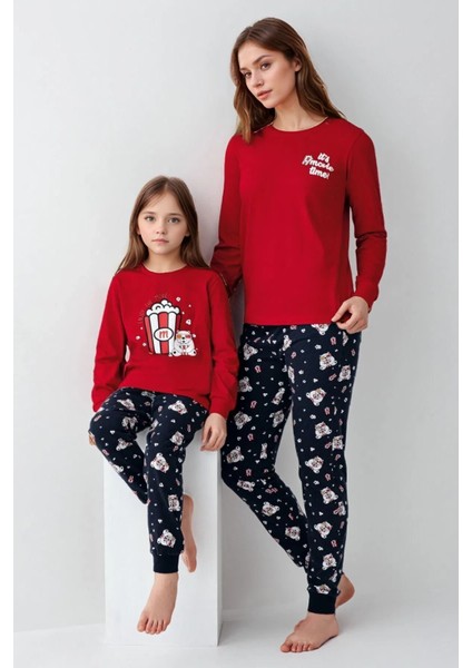 %100 Pamuklu Anne & Kız Çocuk Baskılı Kırmızı Ikili Pijama Takımı L1.RP.367.8.002 modelleri