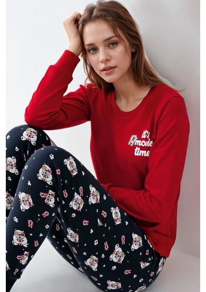 %100 Pamuklu Anne & Kız Çocuk Baskılı Kırmızı Ikili Pijama Takımı L1.RP.367.8.002