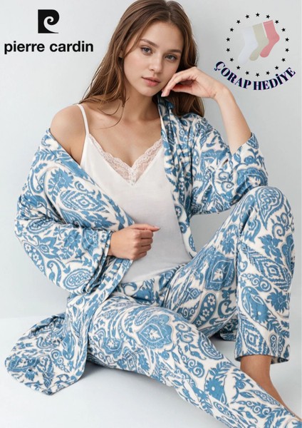 Kadın Modal Kutulu 3 Parça Desenli Sabahlık & Pijama Takımı Set L1.PC.907.7.001
