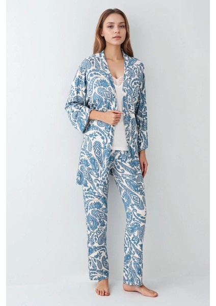 Kadın Modal Kutulu 3 Parça Desenli Sabahlık & Pijama Takımı Set L1.PC.907.7.001 fiyatları