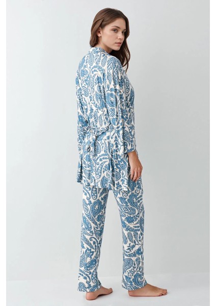 Kadın Modal Kutulu 3 Parça Desenli Sabahlık & Pijama Takımı Set L1.PC.907.7.001 fırsatları