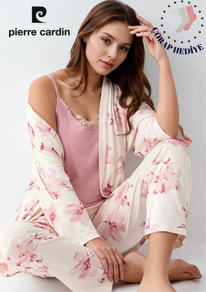 Kadın Modal Kutulu 3 Parça Desenli Sabahlık & Pijama Takımı Set L1.PC.905.8.001